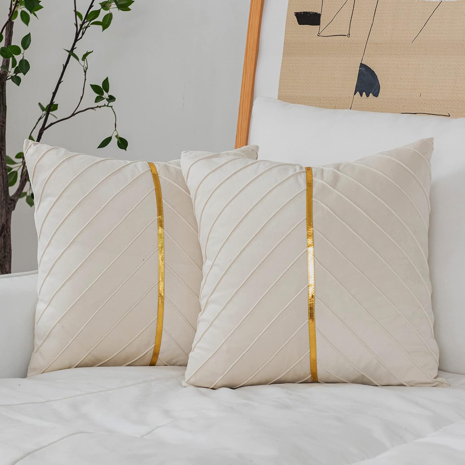 WACOMECO Velvet Throw Pillow Covers, Pack of 2 Soft Gold Decorative Cushion Covers for Couch Sofa Living Room Home Decoration, Cream White, 20x20 inch