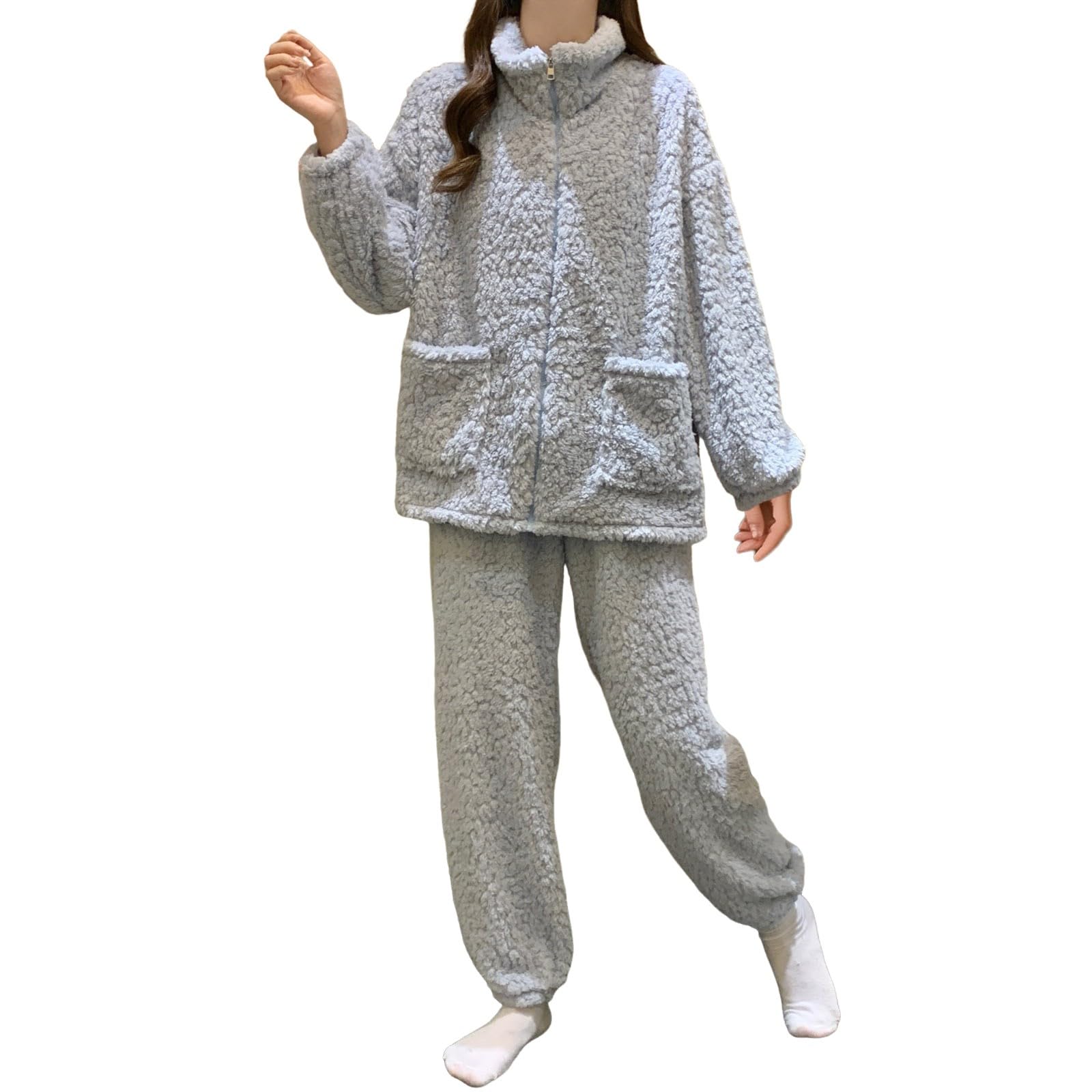 Generisch Pijama largo de franela para mujer, cuello redondo, forro polar, invierno, térmico, manga larga, de rizo, pijama de dos piezas, ropa de dormir cómoda