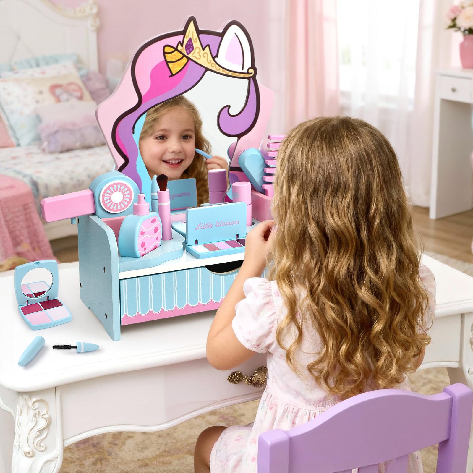 Unicorno Postazione Trucco in Legno, Trucchi Bambina Toeletta con Specchiera Cassetti Set & Parrucchiera Bambina Bellez Accessori Unicorno Giochi Giocattoli Regalo per Bambini Ragazza 3 4 5 6 7 Anni