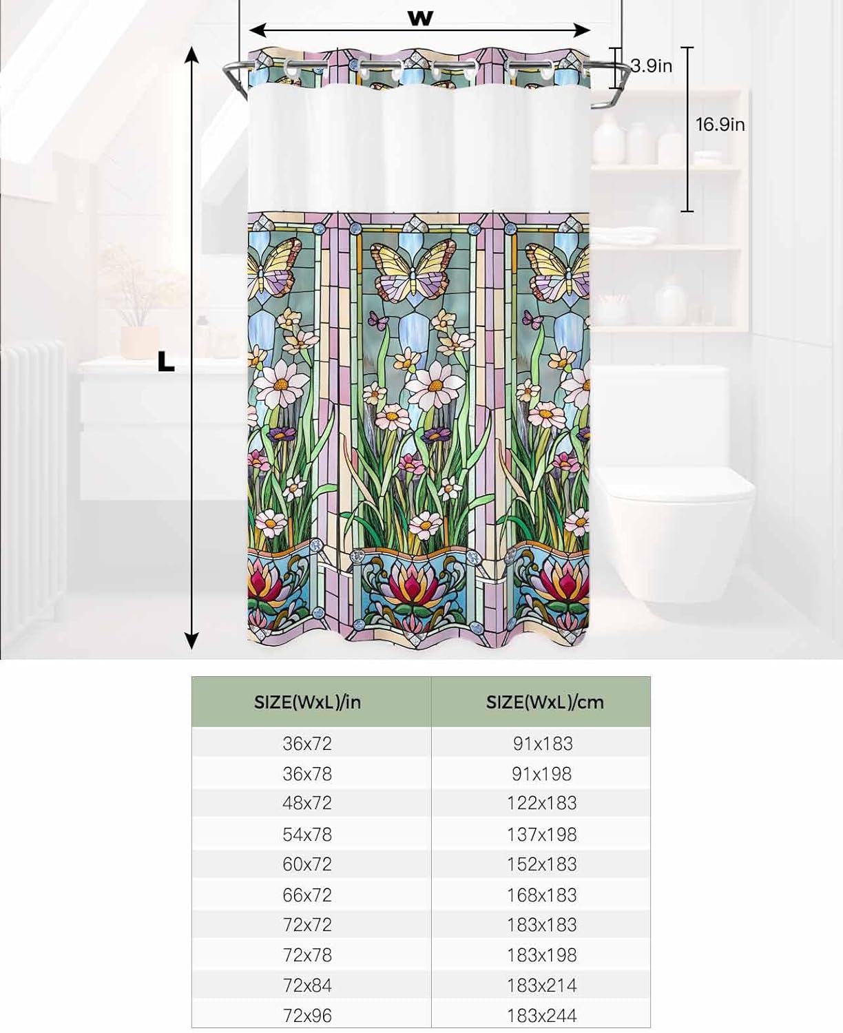 No Hook Shower Curtain with Snap in Liner,Retro Abstract Blossom Flower Waterproof Bath Curtain with See Through Top Window,Butterfly Leaves Plant Paper-cut Shower Curtains for Bathroom Decor,36x72in