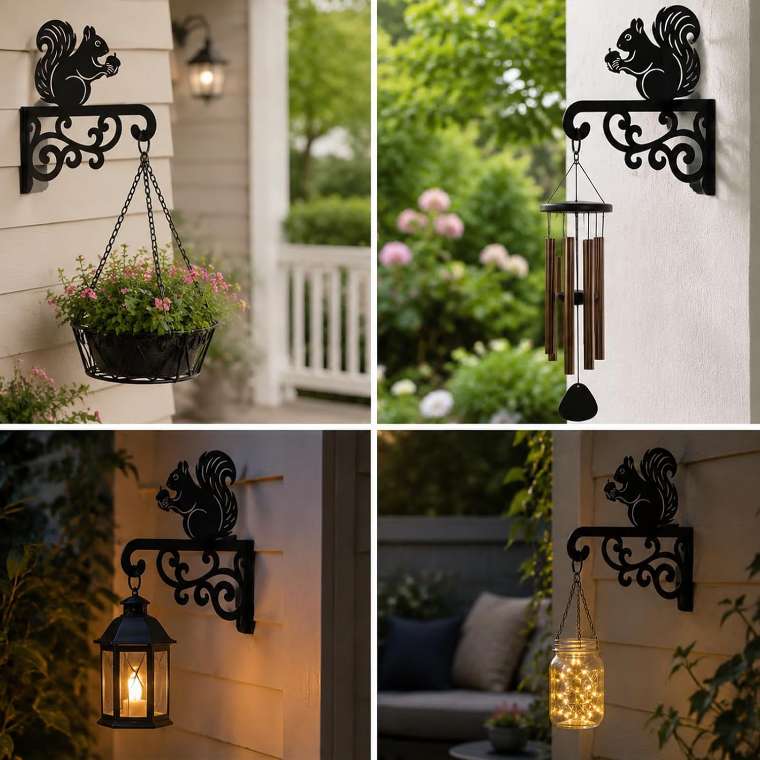 Hanging Plant Bracket, Squirrel Pattern Metal Wall Mount Plant Hooks for Flower Baskets, Lanterns, Wind Chimes & Bird Feeders, Iron Wall Hanger Indoor Outdoor Rustic Garden Decor（2-Pack Black）