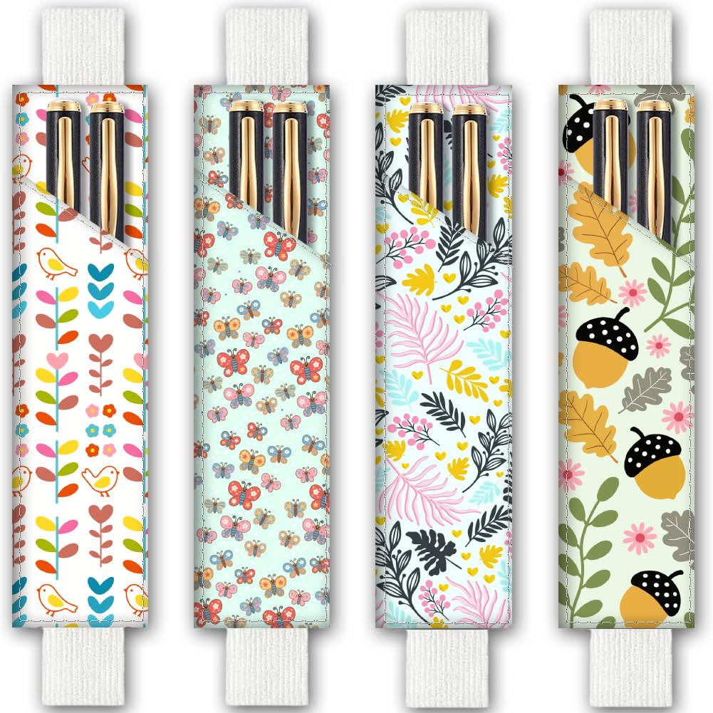 PRESSINART 4Pcs 4 Styles Adjustable Elastic Band Pen Holder 7.9 x 1.8 Inch Journal Pen Pouch Leaves Butterflies Pine Cones Design Adjustable Band Leather Pen Case for Journal Bible Planner Office Use
