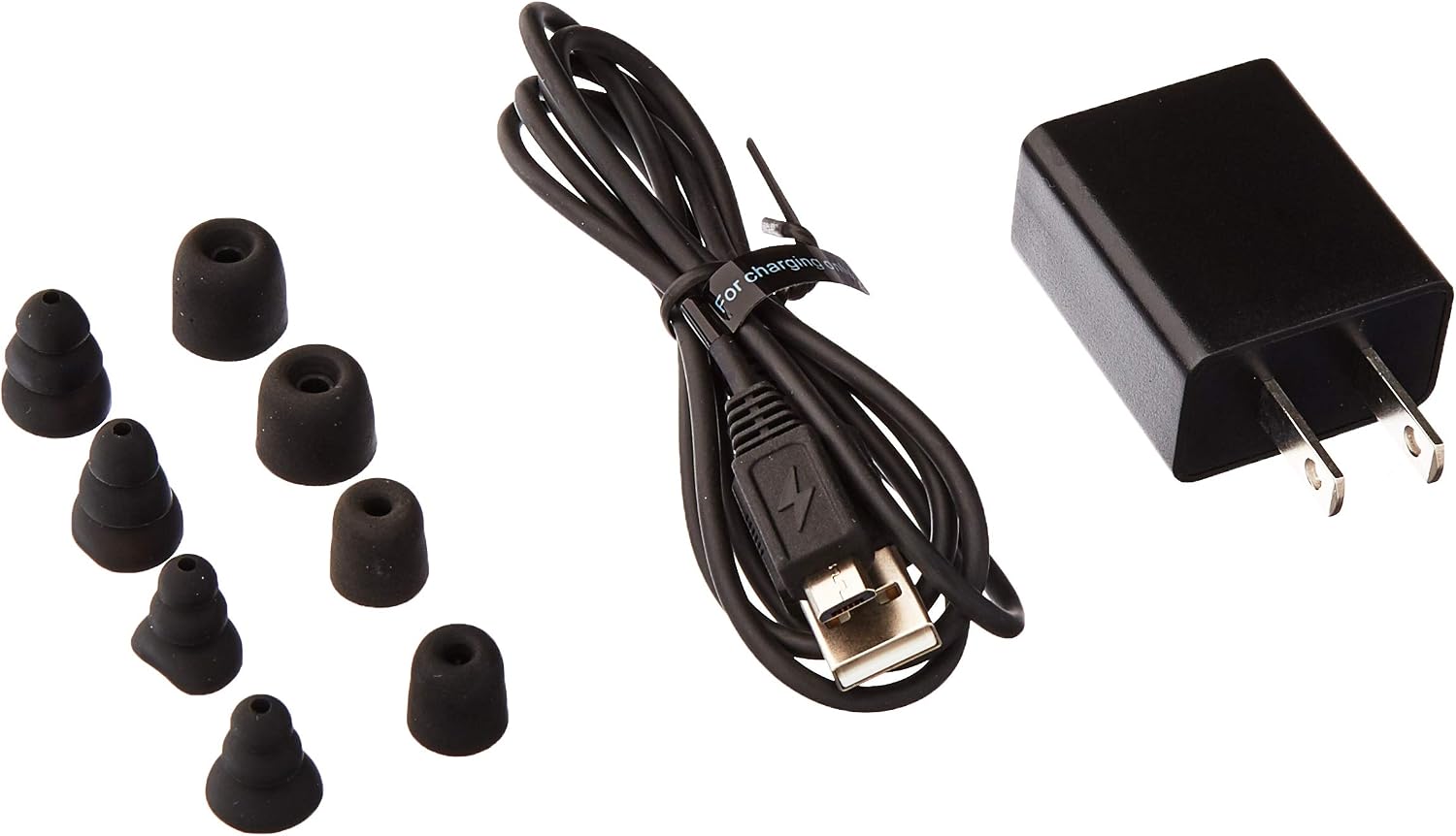 Contents of the Lucid Audio Amped HearBand package, including the neckband headphones, a selection of ear tips, a micro USB charging cable, and a wall adapter.