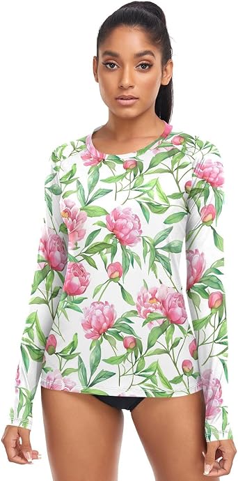 Pink Flowers Blossom Rash Guard for Women Long Sleeve Swimsuits UPF 50+ Surf Swimsuits Top.XS