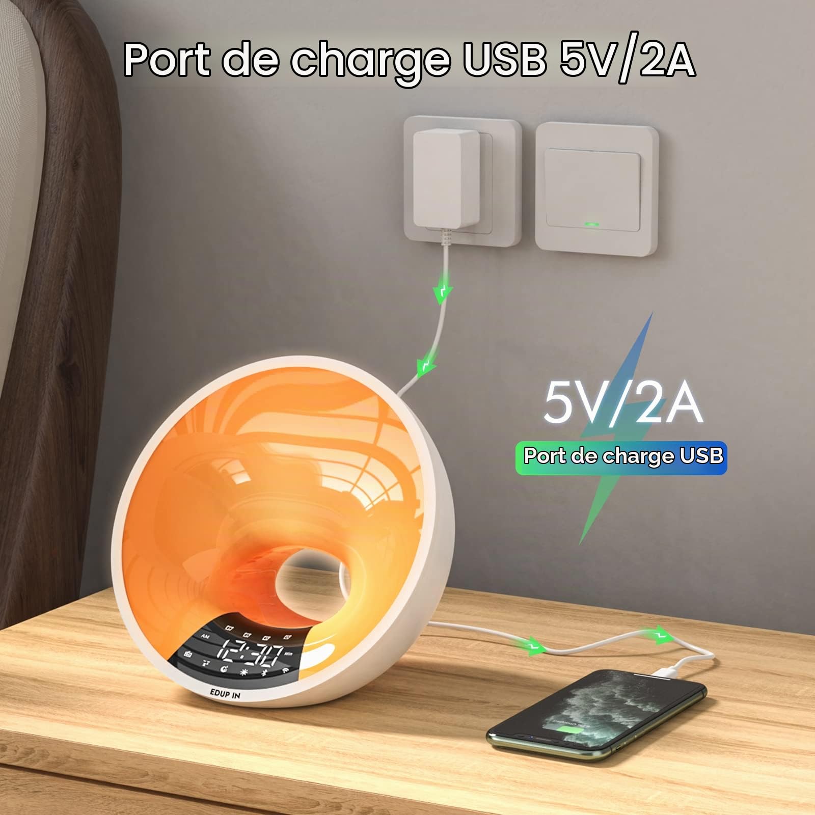 EDUP IN Lampe de Réveil, Réveil lumineux, Wake up light, Simulateur de l'Aube et Aide au Sommeil Contrôle APP Double Snooze Réveil 16 Millions de Couleurs Dimmable Enceinte Bluetooth FM Radio