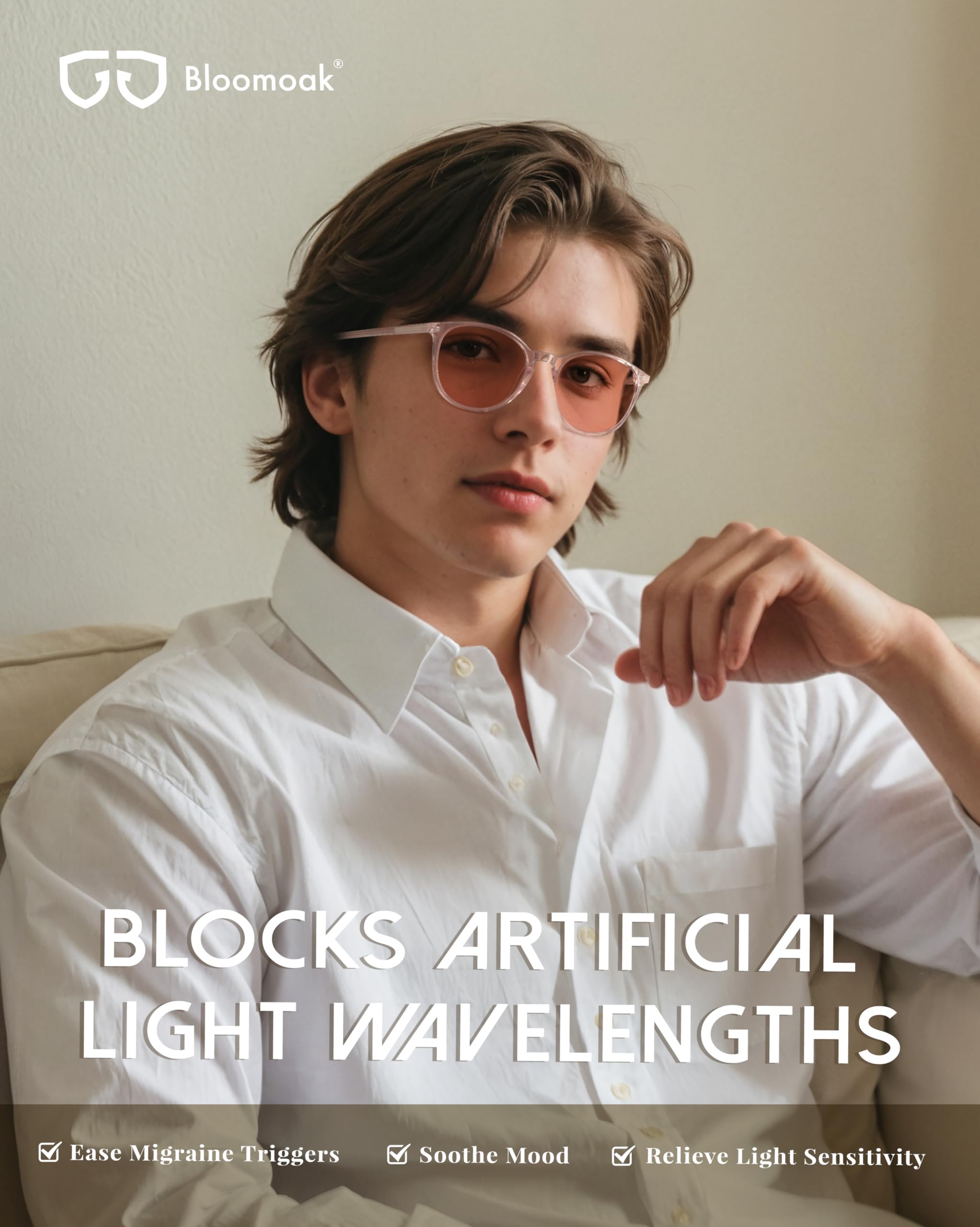 Bloomoak Lunettes anti-migraine teintées rose rétro rond anti-lumière bleue FL-Flex photophobie fatigue oculaire