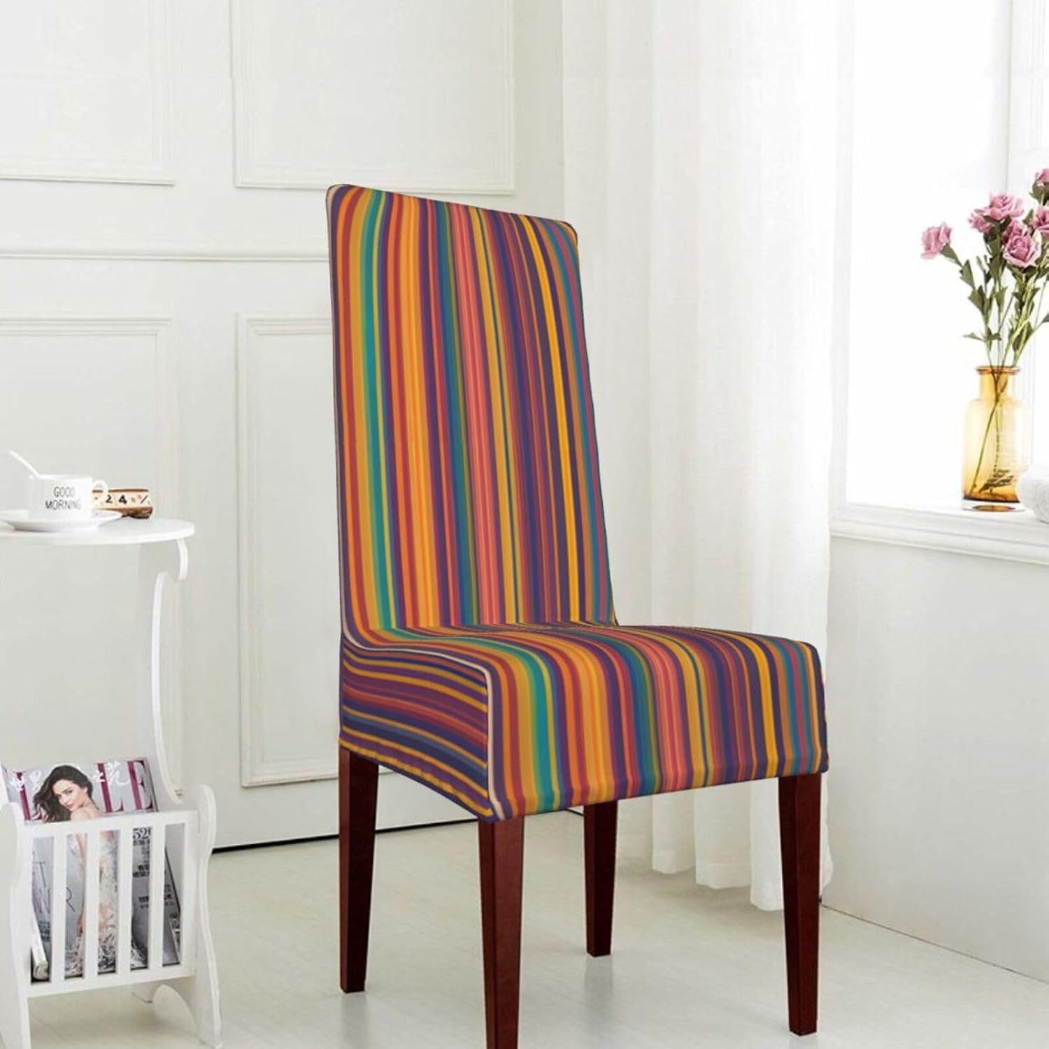 Rainbow Color Stripe Prints Dining Chair Throw Covers – Stretchy Spandex Furniture Layers for Refreshing Your Space - No Ironing Needed