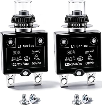 mxuteuk 2Pcs 30Amp Circuit Breakers Push Button Manual Reset 125/250V AC 50V DC, L1 Series Overload Protector Switch Thermal Circuit Breakers with Waterproof Button Caps L1-ls-30A