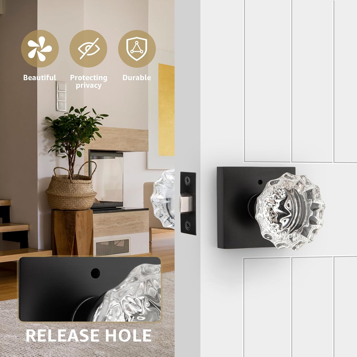 Black Privacy Door Knob with Lock and Push Pin - Glass & Zinc Alloy for Bedroom Bathroom Interior Doors