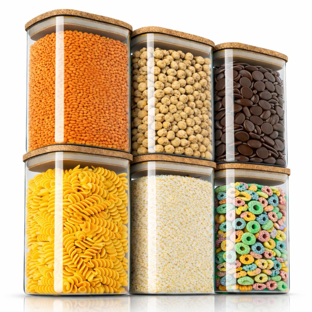 Arendo - Vorratsgläser mit Deckel - Set - Behälter aus Glas – hitzebeständig – Vorratsdosen mit Bambusdeckel - luftdicht - für Müsli Zucker Mehl Kaffee Reis