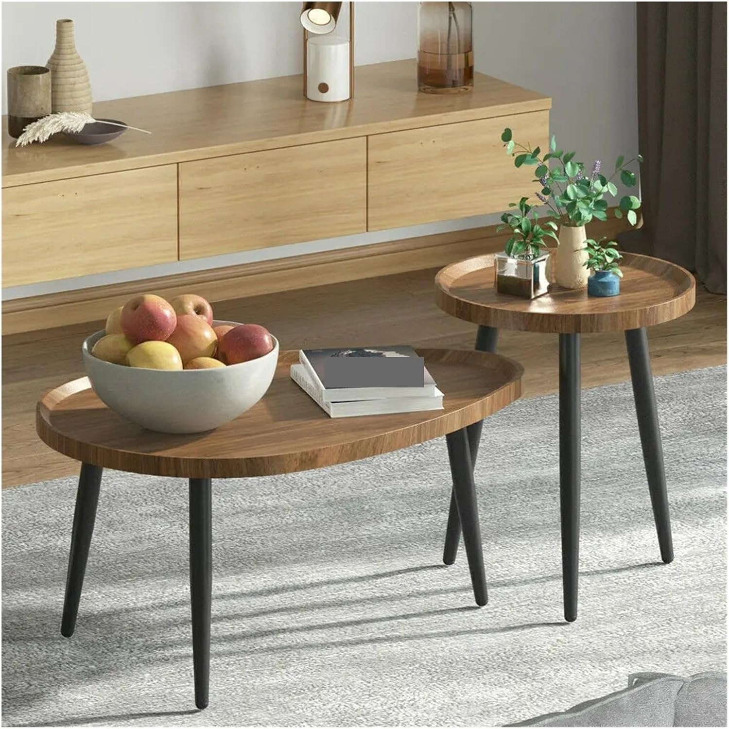 TIMERAGE Round Coffee Table Set of 2 Rustic for Living Room Modern Nesting Tables for Balcony Office with Wood Table Top and Metal Legs,Kitchen Table, GG-U8