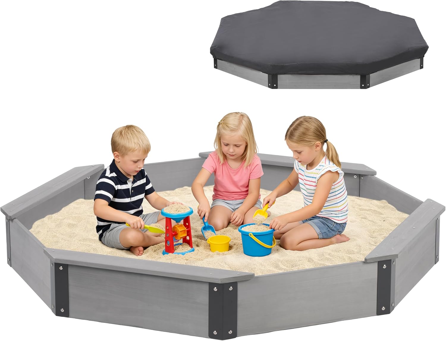 64''x56''x9'' Wooden Octagon Sandbox with Cover, Large Sandpit for Kids Outdoor Patio Backyard Play, Easy & Quick Assemble