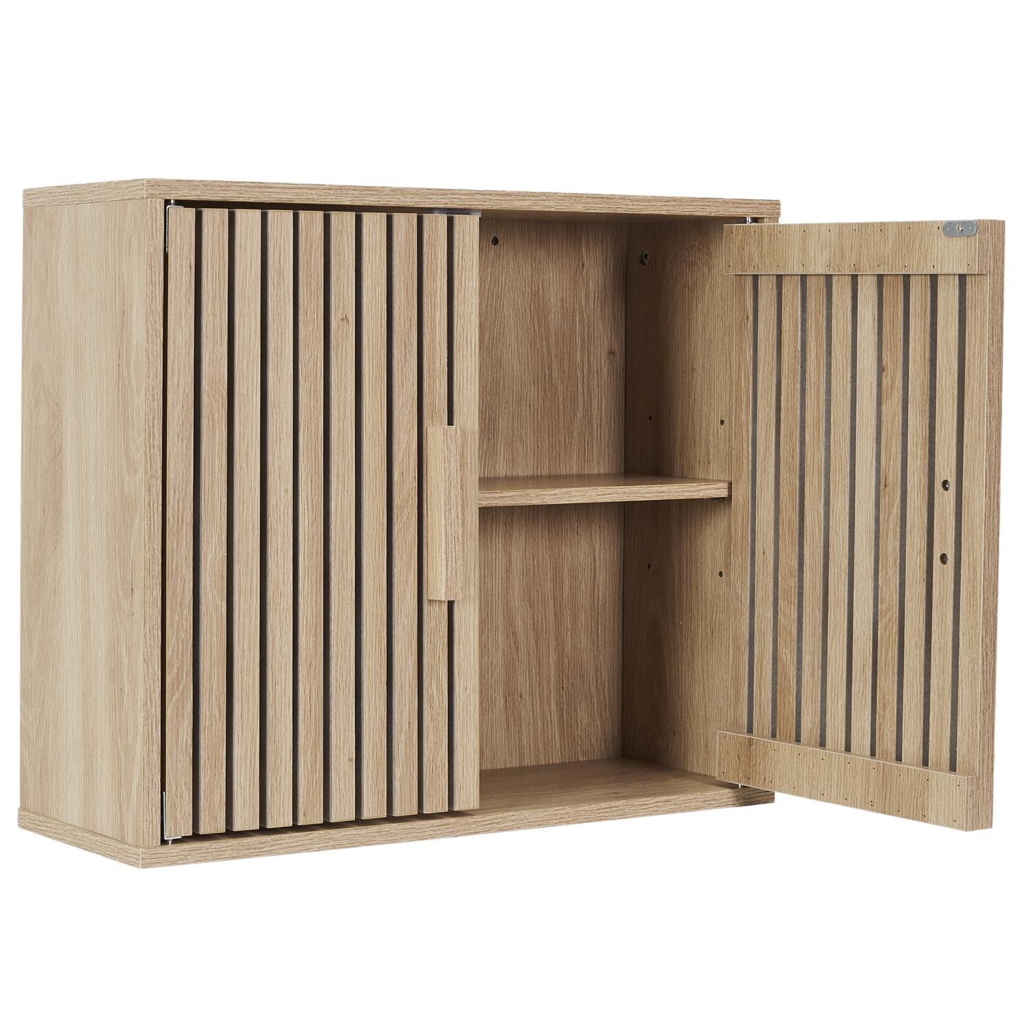 Armoire suspendue Linea avec fraisages verticaux aspect bois - Élégante armoire murale avec 2 portes et étagères pour salle de bain, cuisine, couloir