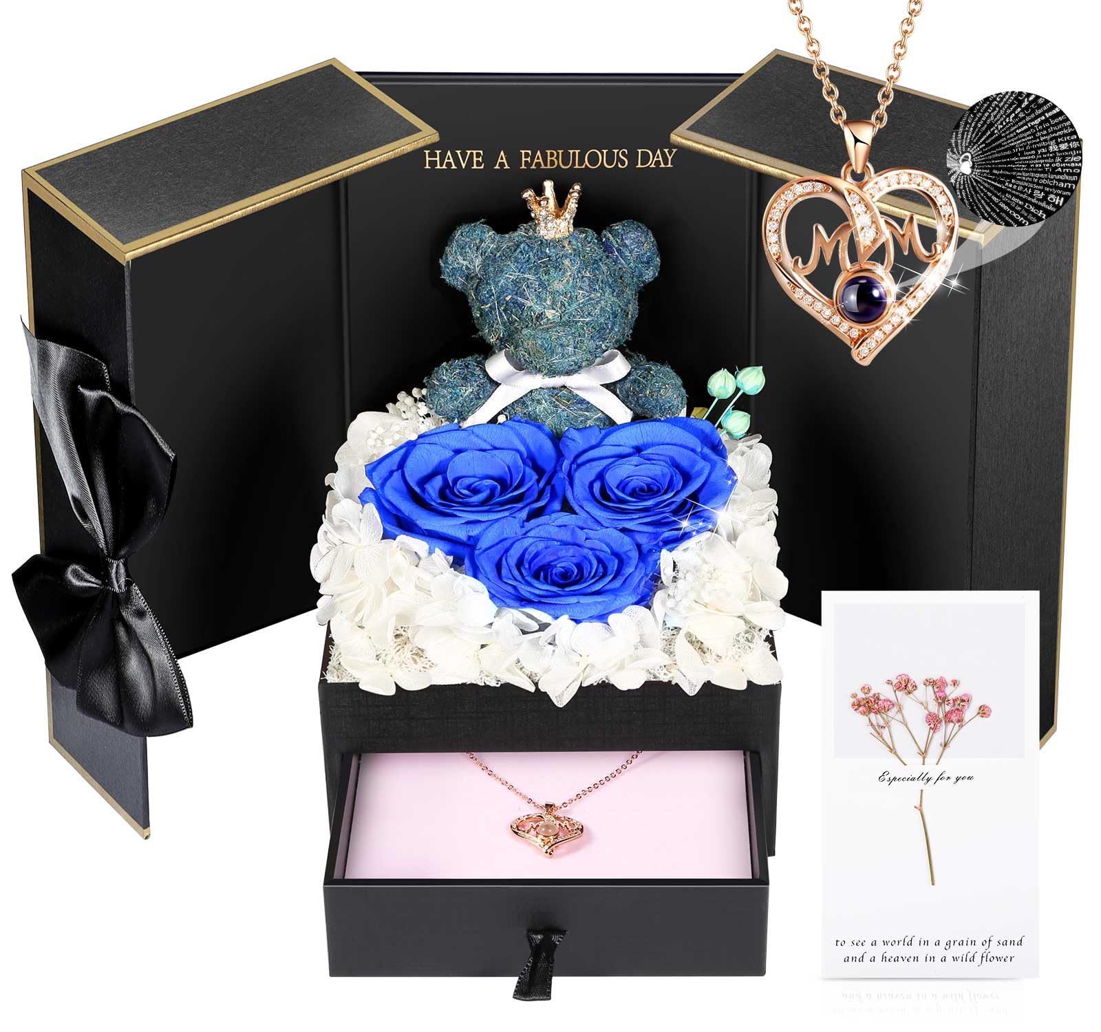ADDWel Luxury Gifts for Mom from Daughter Son, Preserved Blue Rose Gift Box with I Love You MOM Necklace in 100 Languages, Elegant Birthday Gifts for Mom