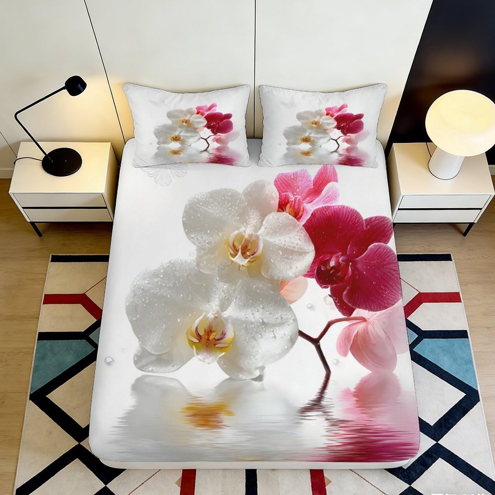 3D Printed Orchid Blossom Fitted Sheet Microfiber Soft Bed Cover Water Reflection Mattress Cover Bedroom Decor 90x200x25cm