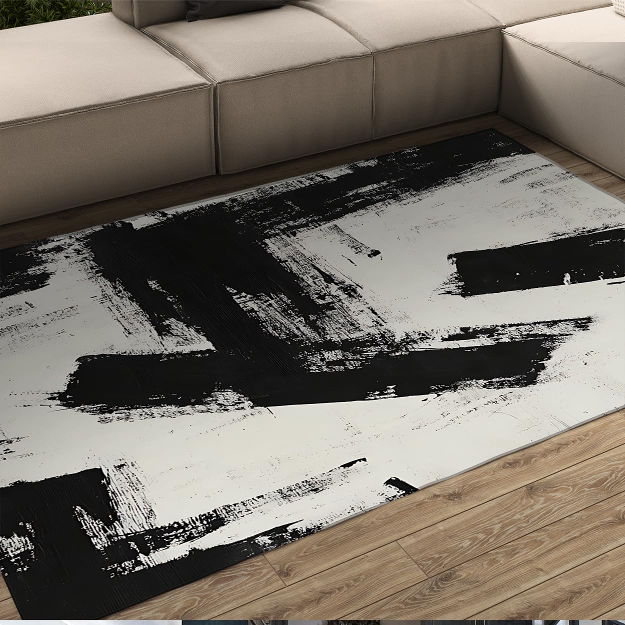 Tapis noir et blanc du salon 120x150cm art urbain abstrait tapis de bureau fin