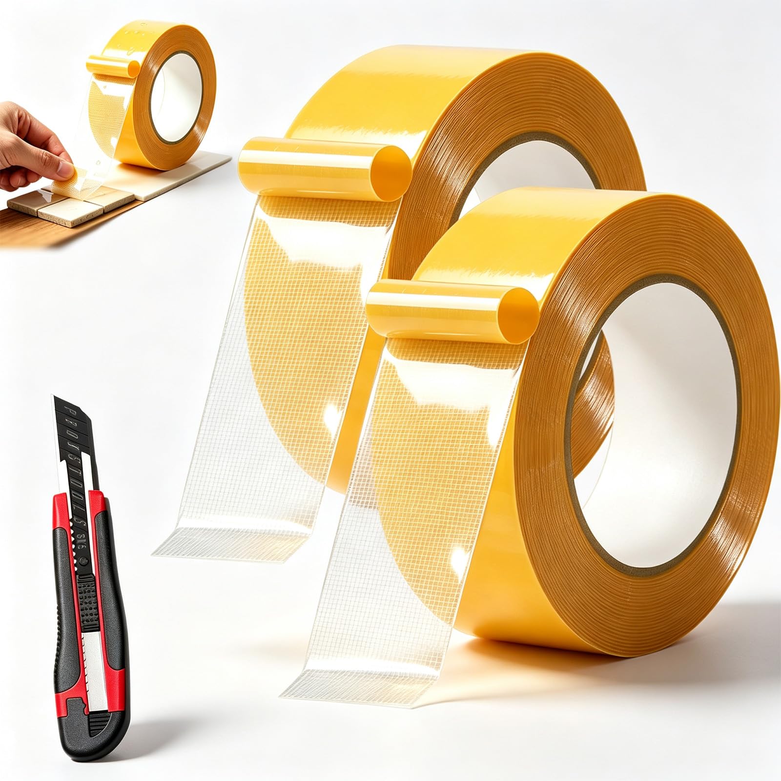 Grid Double Sided Tape, Mesh Double Sided Tape Heavy Duty, Universal High Tack Strong Tapes with Waterproof, Suitable for Surfaces of Wood, Ceramic Tile, Plastic, Glass Etc (2pcs, 0.39Inch × 66Feet)