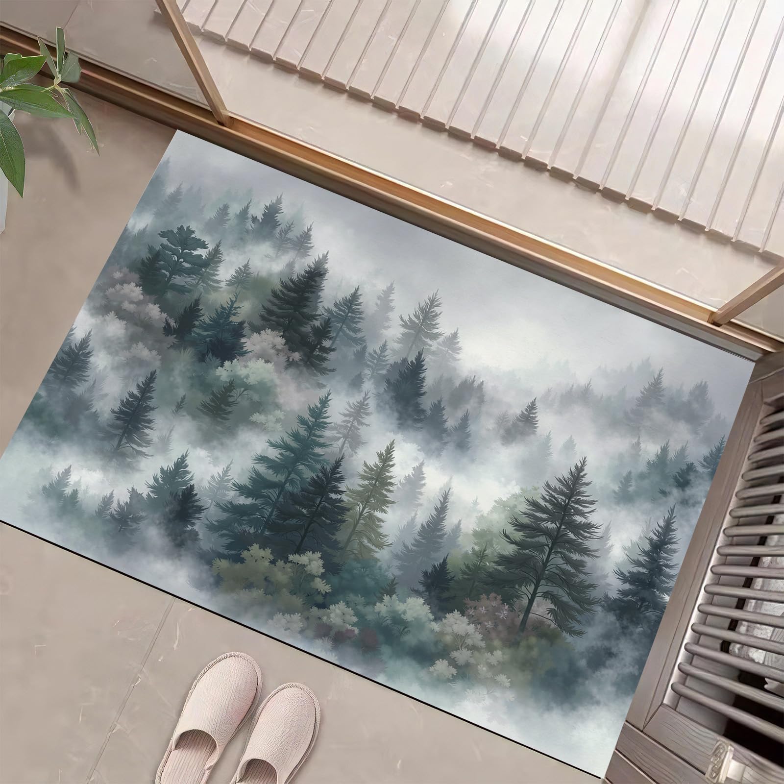 Felpudo entrada casa para pasillo interior tapete verde claro con diseño nórdico de acuarela