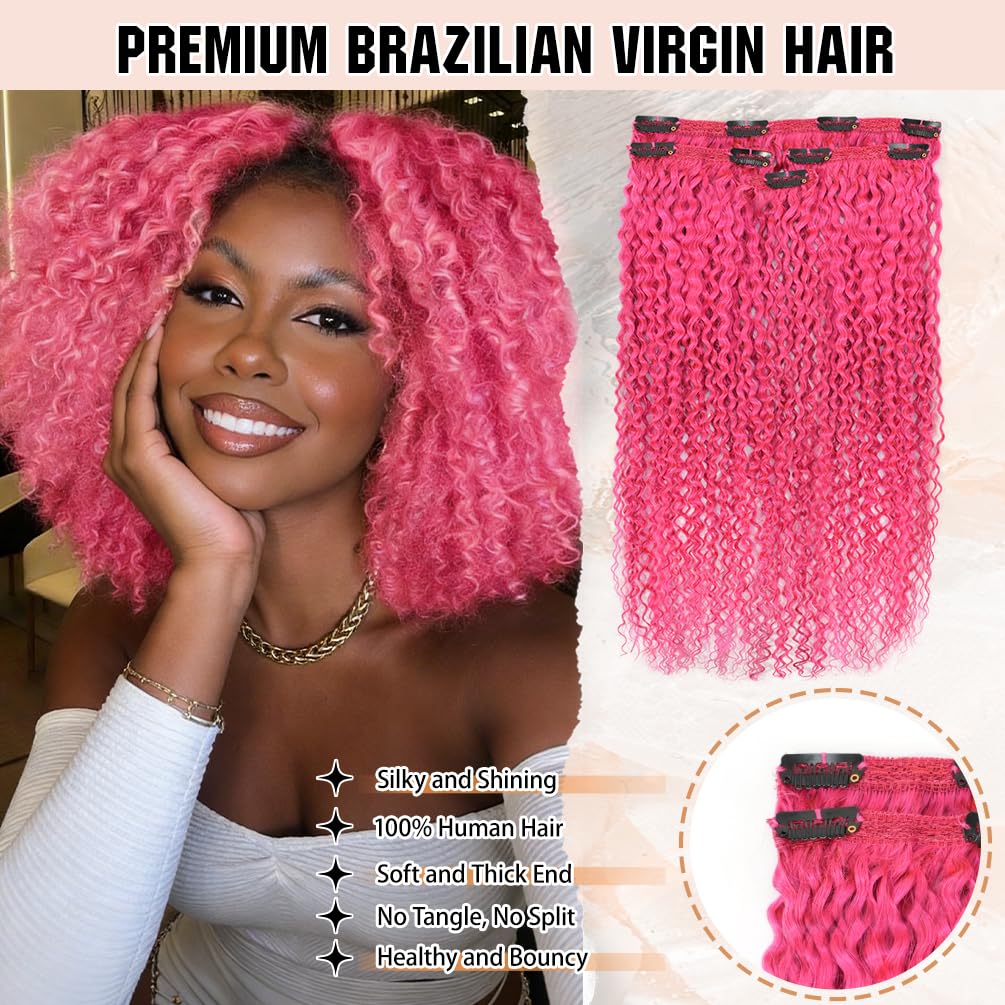 4Pcs Colored Afro Kinky Curly Clip in Hair Extensions Real Human Hair, 10 Inch 50g Pink, Lace Invisible Seamless & Thicken, 4B 4C Remy Clip Ins for Women