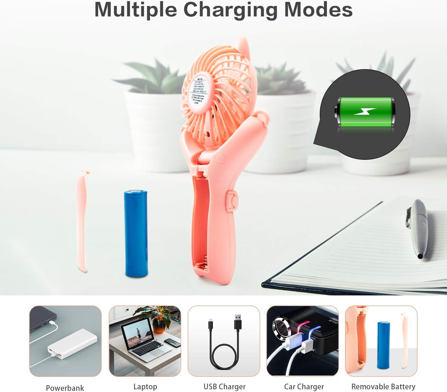 Temede Portable Necklace Fan, Mini Handheld Fan, Small Powerful Personal Fans with USB Rechargeable Battery Operated, 3 Speeds Hand Held Electric Fan with Light for Travel Office Outdoor Indoor, Pink : Home & Kitchen