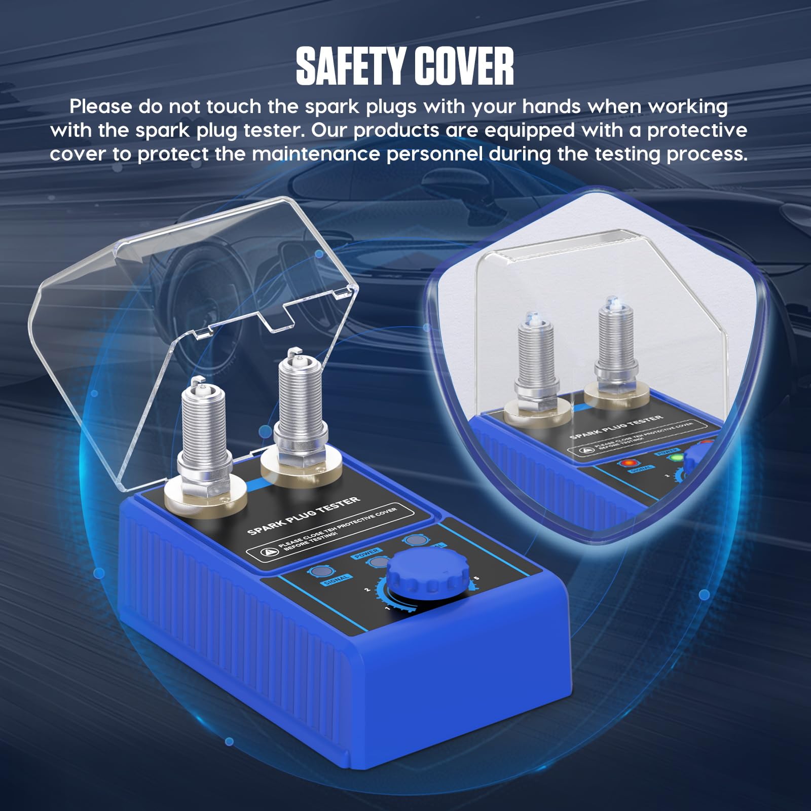 PLAYOCCAR Tester per candele Accensione 220V - Rivelatore Candele per Auto a Doppio Foro per Candele da 12 mm, Frequenza Regolabile 0~6000RPM con Coperchio Protettivo Veicoli a 12 V.