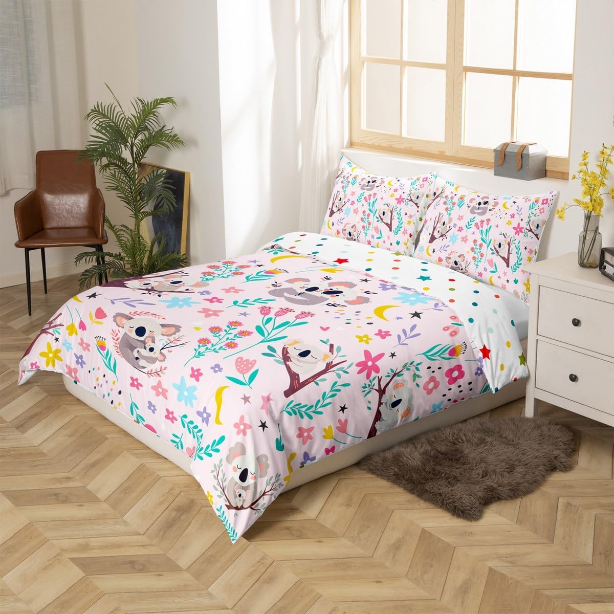 Erosebridal Floral Koala Girls Duvet Cover Toddler for Kids Baby Pink Jungle Animal Comforter Cover Spring Botanical Cartoon Floral Flower Bedding Set Dreamy Fantasy Girly Preppy Cute Bed Set