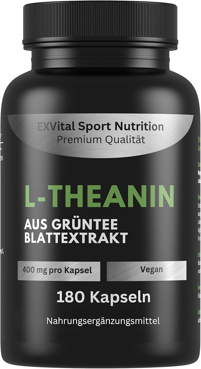 EXVital® L-Theanin, 180 vegane Kapseln, 400 mg L-Theanin pro Kapsel, aus Grüntee Blattextrakt, L-Theanine Aminosäure, vegan & ohne Zusätze, laborgeprüft