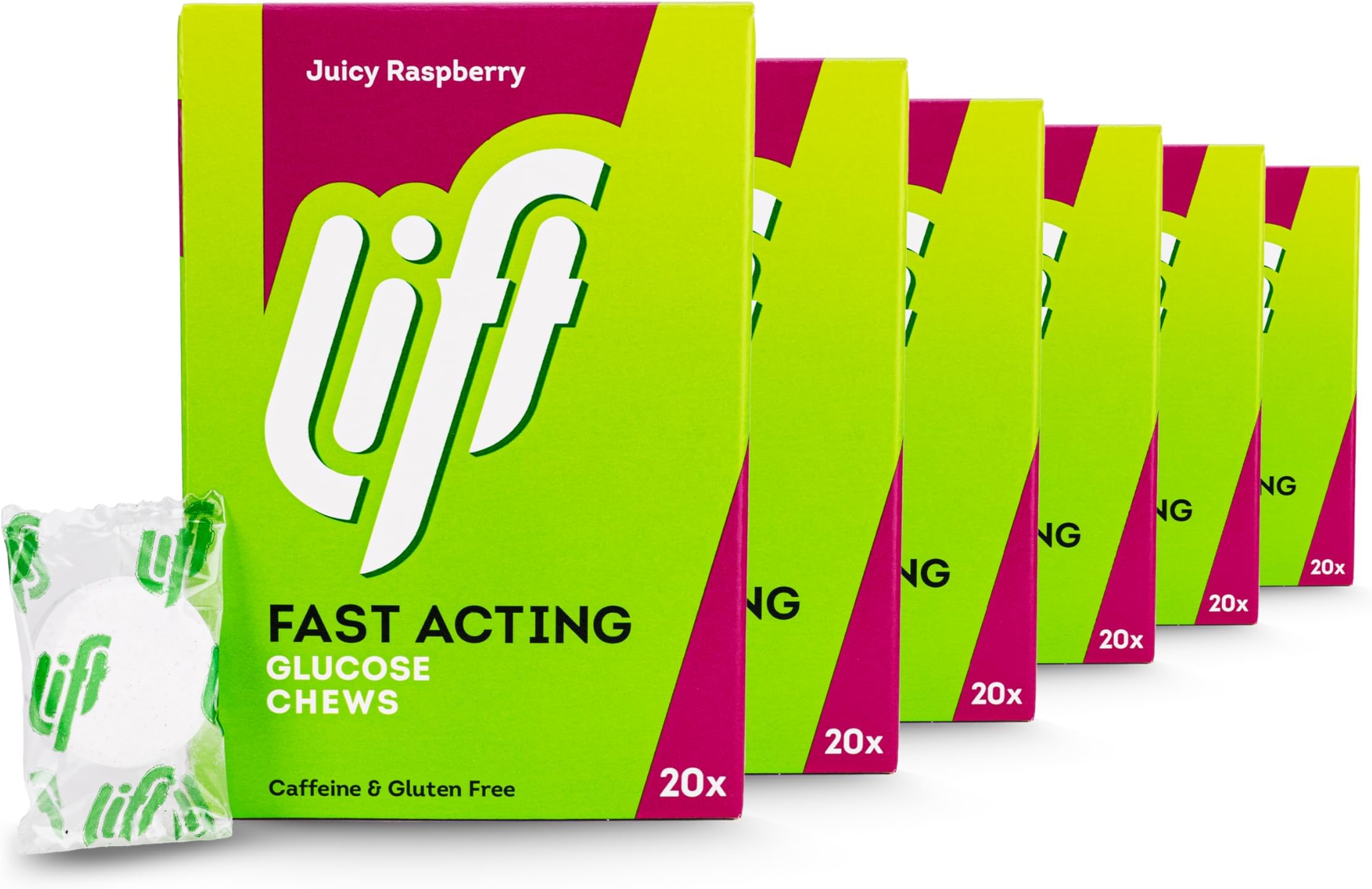 Lift Individually Wrapped Fast-Acting Glucose Chewable Energy Tablets, Raspberry, 6 Pack of 20 Tablets