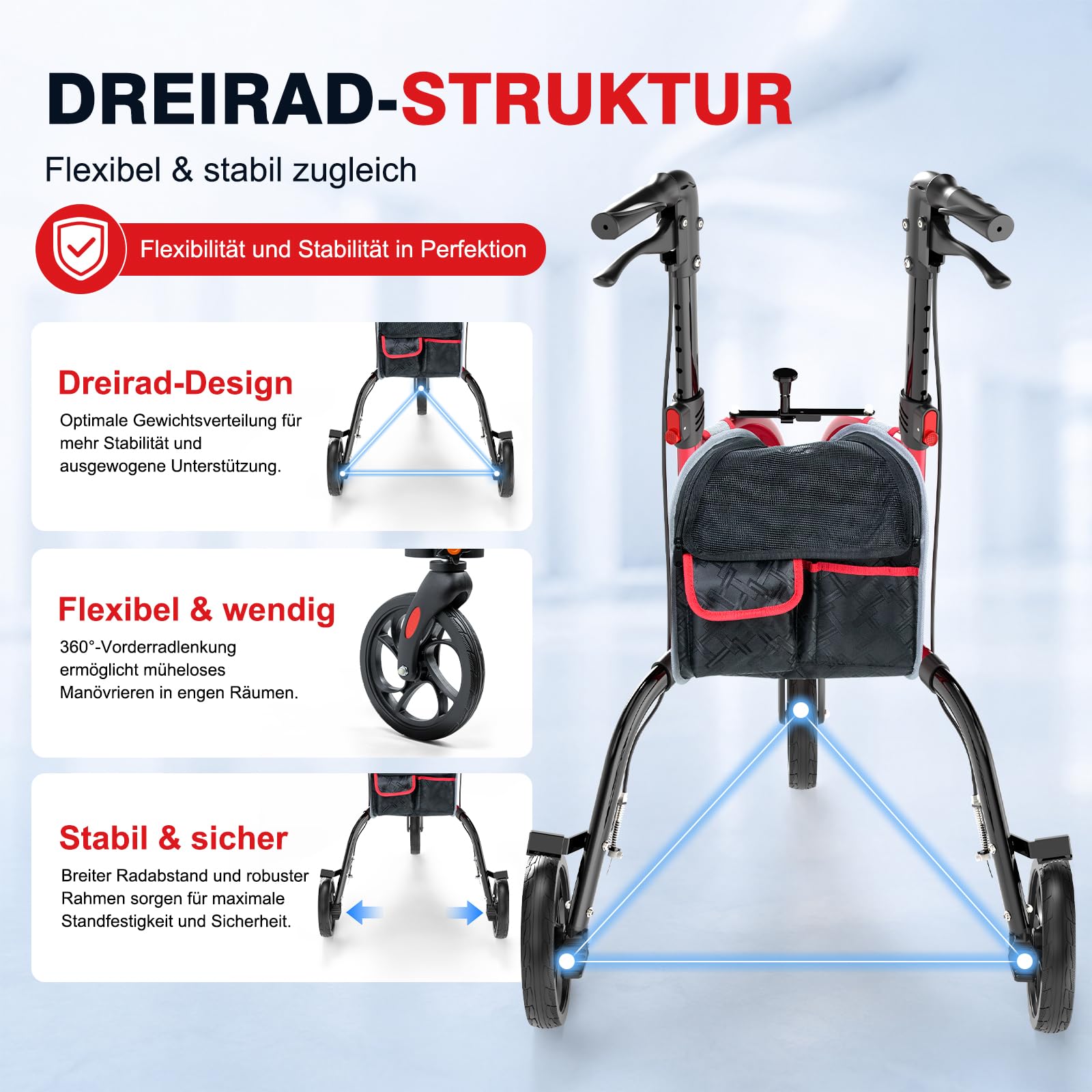 Andadores de 3 ruedas para personas mayores, andador estrecho plegable con ruedas, andador ligero de 3 ruedas, capacidad de carga de 350 libras, andador de altura ajustable para personas mayores