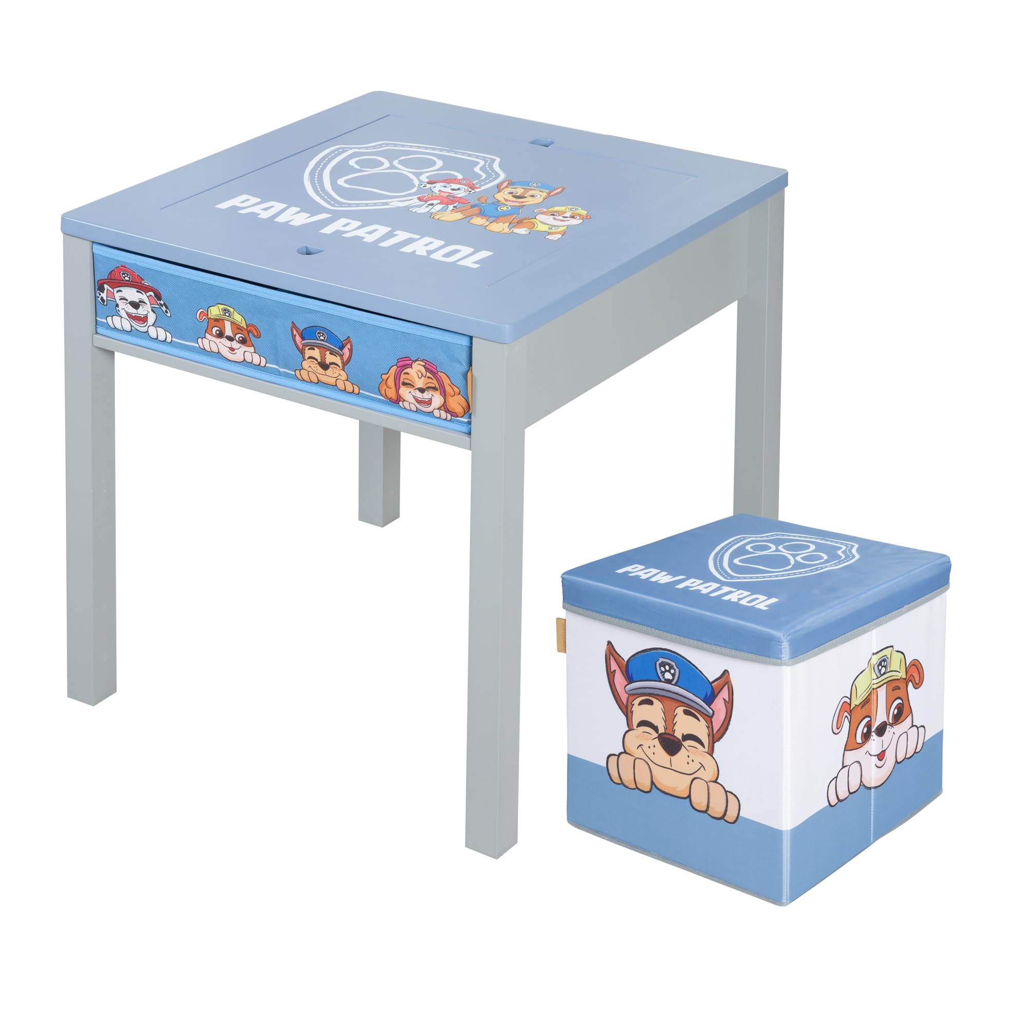 Kindersitzgruppe Paw Patrol - Tisch mit Wendeplatte + Sitzhocker für Kinder ab 18 Monaten - Sitzmöbel im Motiv der Zeichentrick Hunde - Holz grau / blau