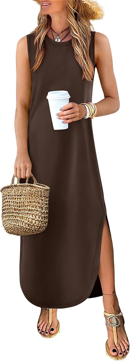 Vestido largo de verano para mujer, sin arrugas, sin mangas, con bolsillos
