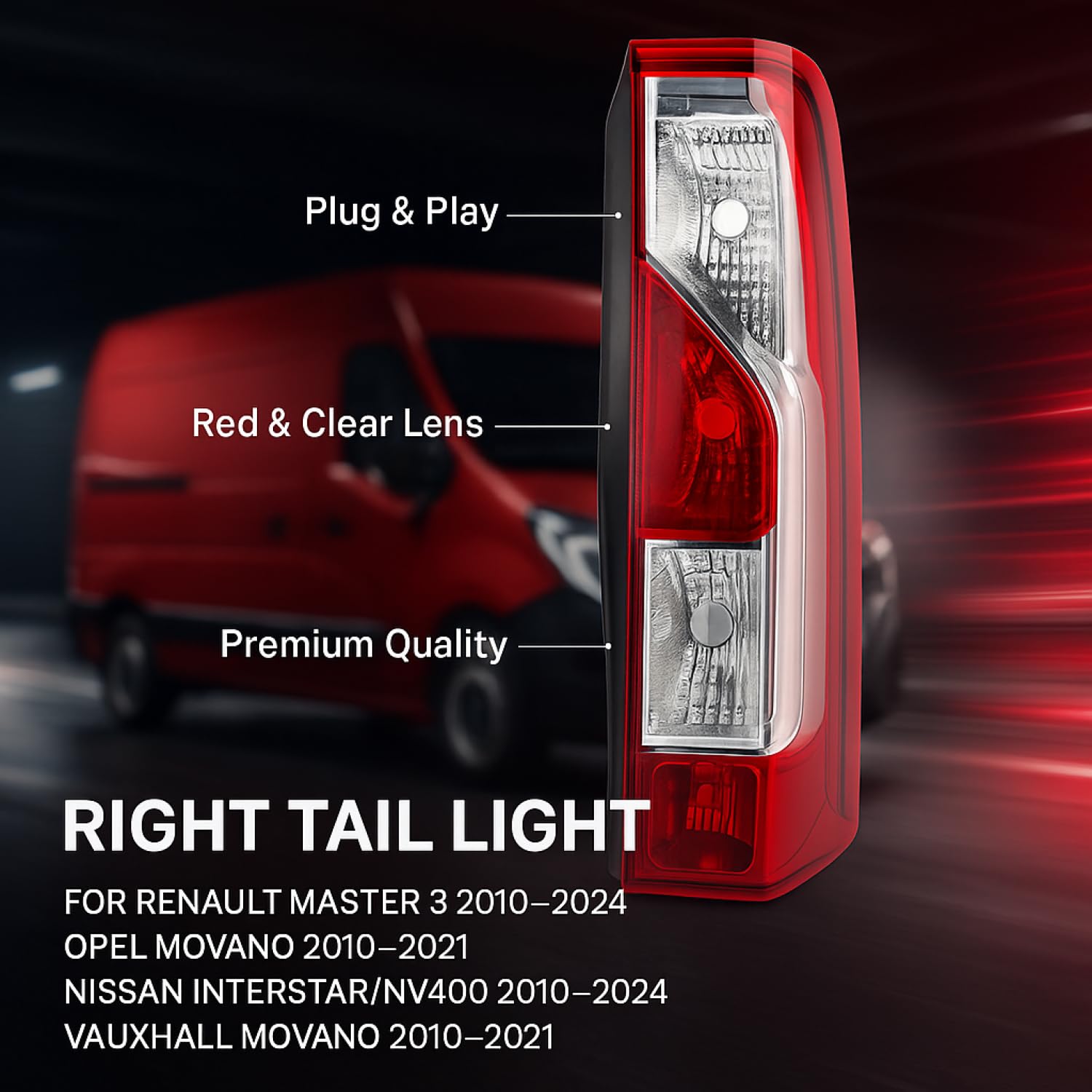 Luce Fanale Posteriore Destro Lato Passeggero Compatibile con Renault Master 3 2010-2024 Opel Movano 2010-2021 Nissan Interstar NV400 2010-2024 Vauxhall Movano 2010-2021 E-Mark 265500023R