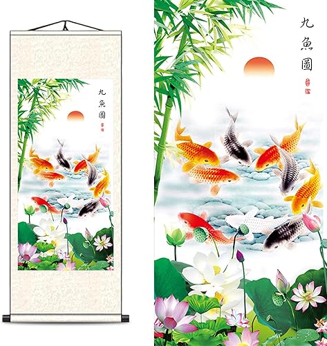 FOVNOT Arte de pared de pergamino de seda china - Pintura de nueve peces koi con loto y peonía, decoración asiática del hogar Feng Shui, pergamino