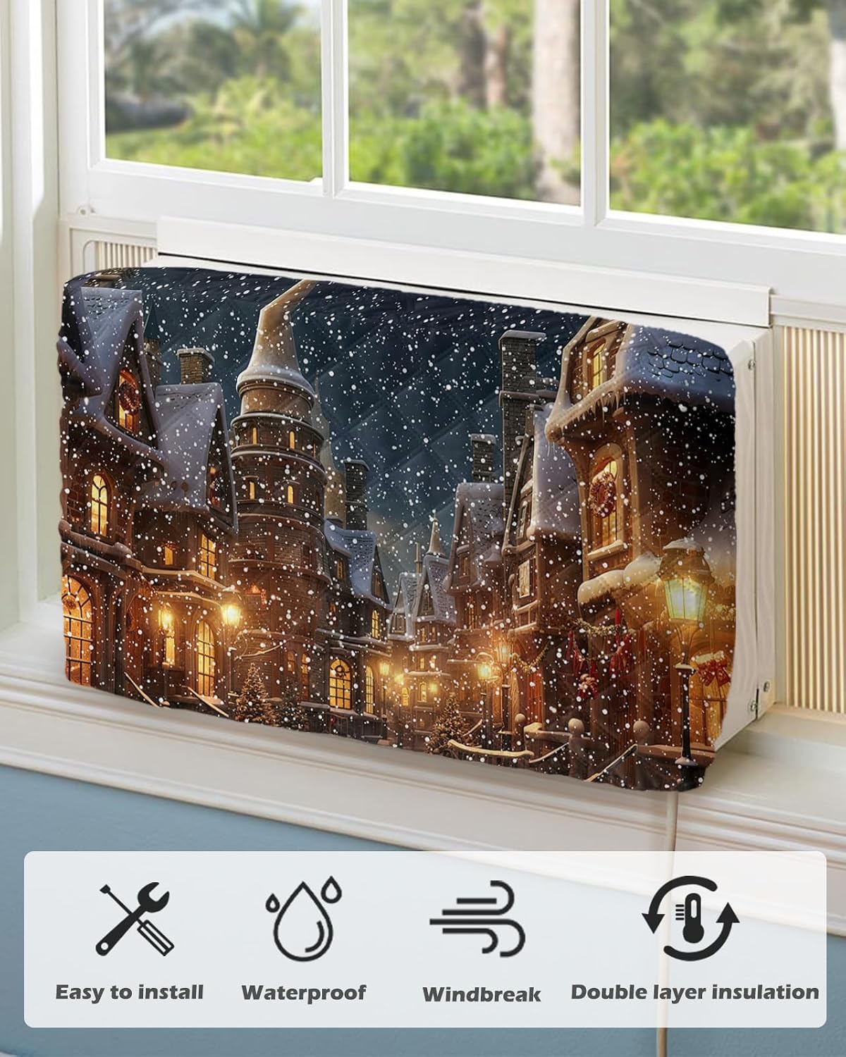 Air Conditioner Cover AC Cover Christmas Winter Town Snowing Retro Street House Indoor Window Air Conditioner Covers Adjustable AC Covers for Inside Double Insulation 28x20x3.5 Inch image 2