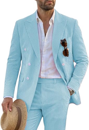 Mens Seersucker Suit 2 Piece Summer Striped Blazer Pants Set | Mens Seersucker Suit 2 Piece Summer Striped Blazer Pants Set Beach Wedding Groom Attire Tuxedos Lightweight Men Suits