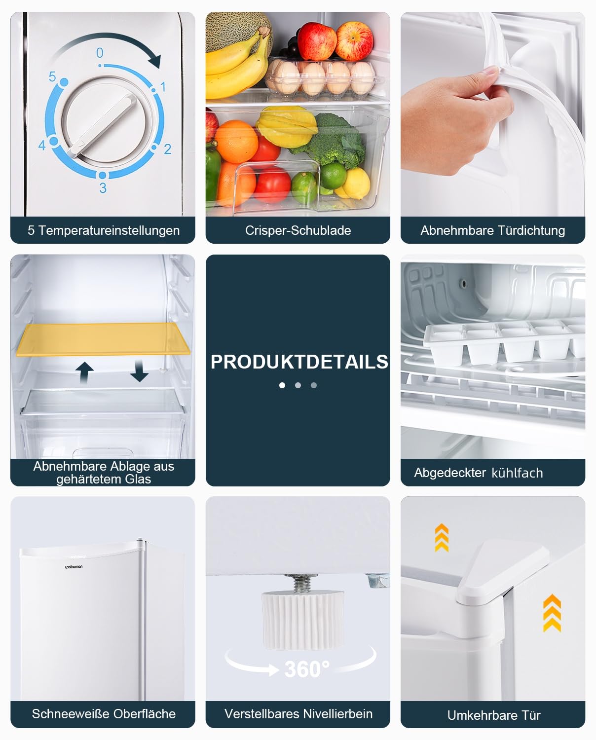 Upstreaman Under Counter Fridge, 91L Small Fridge Quiet for Bedroom and Dorms, Five Stage Temperature Control and Removable Shelves, Standard Refrigerator BR321 (White) — view 4