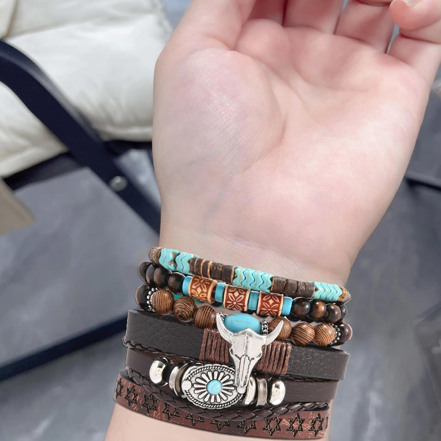 Multi-Layer Western Bracelets for Women Leather Bracelet Stackable Beaded Bracelet Vintage Turquoise Bracelet Cowboy Chic Western Jewelry for Women - Image 5