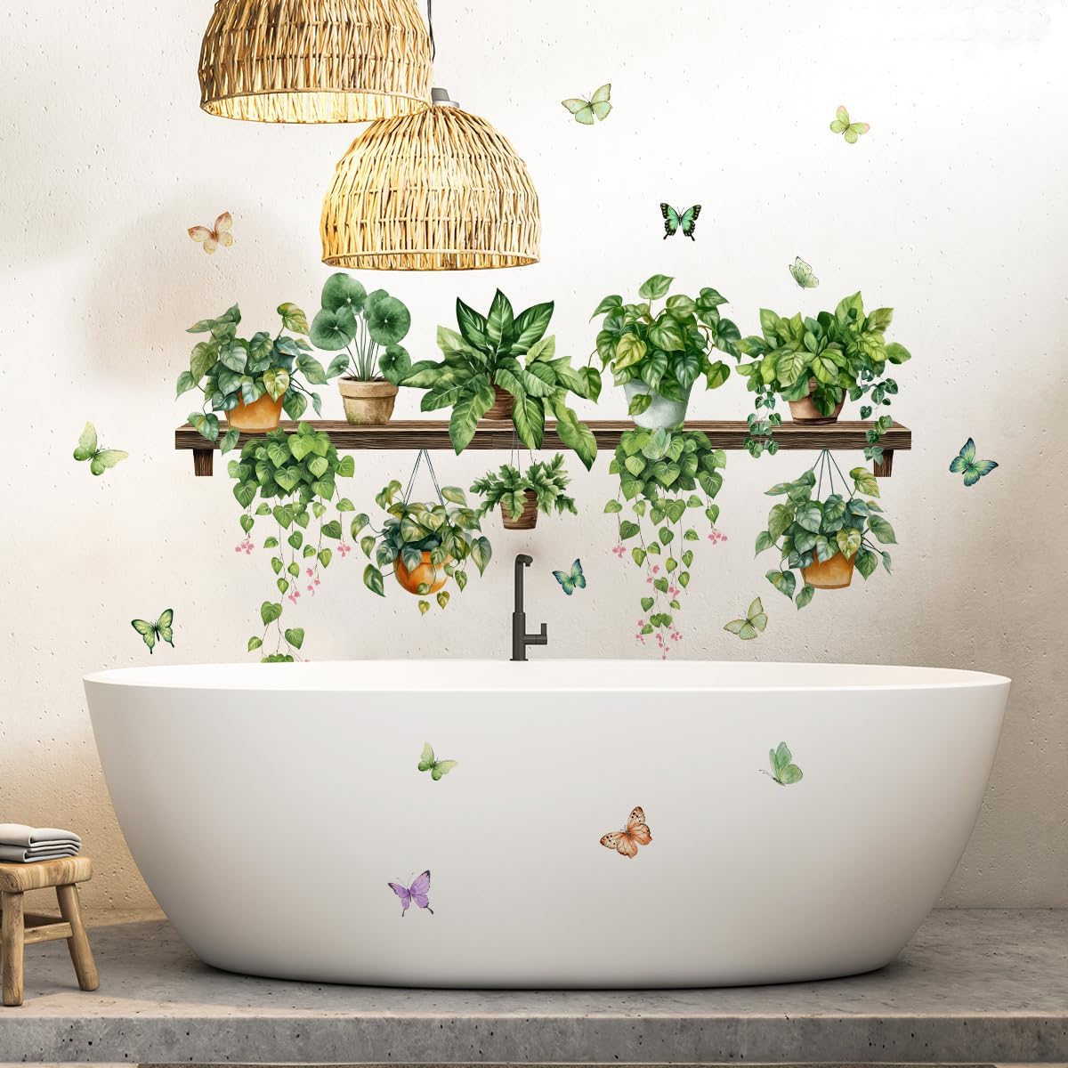 2 Sheets Potted Green Plants Wall Stickers & Murals Peel and Stick Removable Wall Decals Living Room Vinyl 3D Wall Stickers for Bedroom Bathroom Cabinet Vine Wall Clings Decor with Butterflies