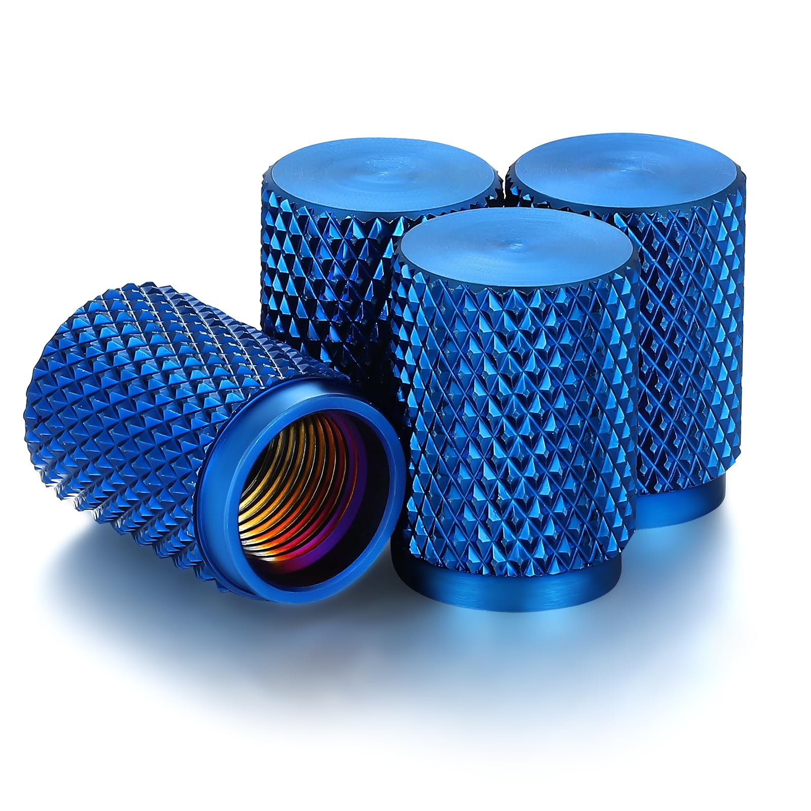 STEEL HAWK Tire Air Valve Caps – Precision CNC Machined Stainless Steel, Extended Knurled Design | Rust, Air Leak & Dust Proof Metal with O-Rubber Seal - Ideal for Vehicles - 4 Pack - PVD Blue