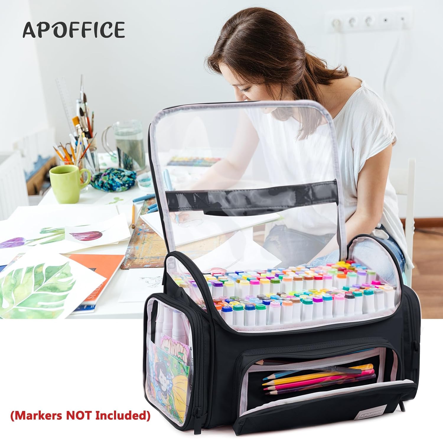 Large Marker Organizer Case Holds 200-300 Markers | Art Marker Storage Bag with Removable Dividers & Clear Top for Artists, Crafters & Travel - Pen, Pencil Alcohol Marker Holder - Art Supply