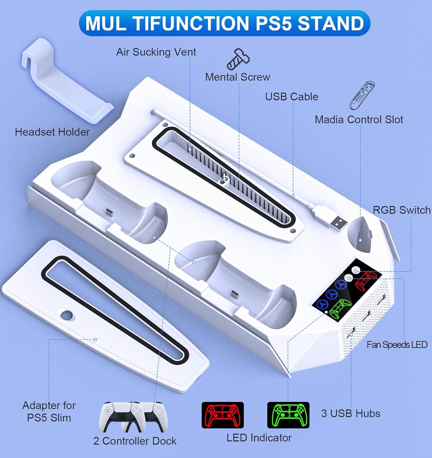 PS5/PS5 Slim Cooling Station with Controller Charging Station for Playstation 5 Console Disc/Digital, PS 5 Cooling Stand Accessories with LED Light/Charger/Cooler Fan/3 USB Hubs/Headset Holder/Screw - Image 7