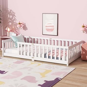 Twin Size Floor Bed for Kids, Wood Montessori Low Bed Frame with Fence, Floor Bedframe with Slats for Boys Girls Bedroom Playroom, Without Door White, Twin
