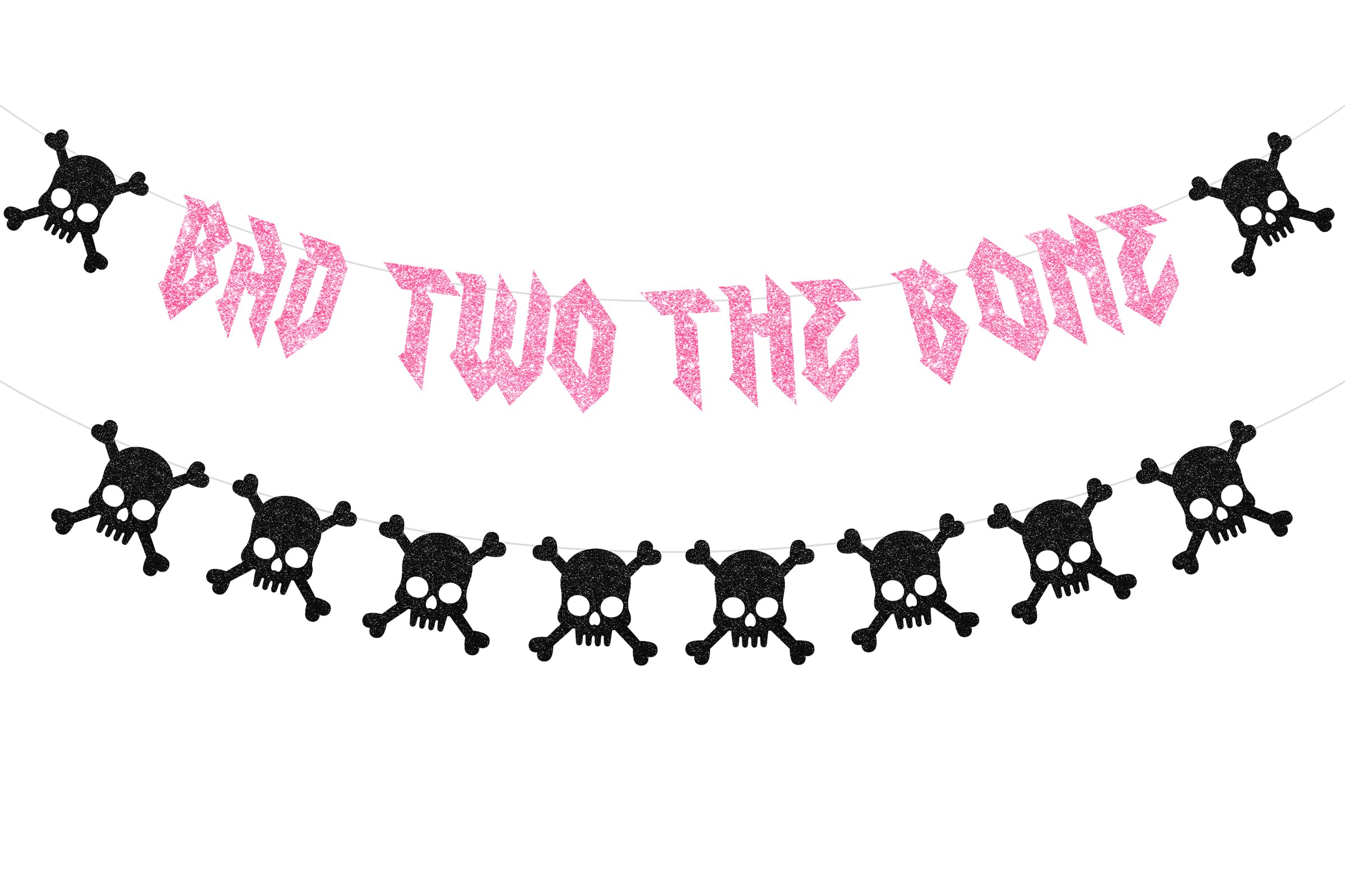 Wonmelody Bad Two The Bone Party Decoration Pink Bad Two The Bone Banner with Black Glitter Skull Garland Bad Two The Bone Birthday Decor for Girls Gothic Skeleton Decor for Rock n Roll 2nd Birthday