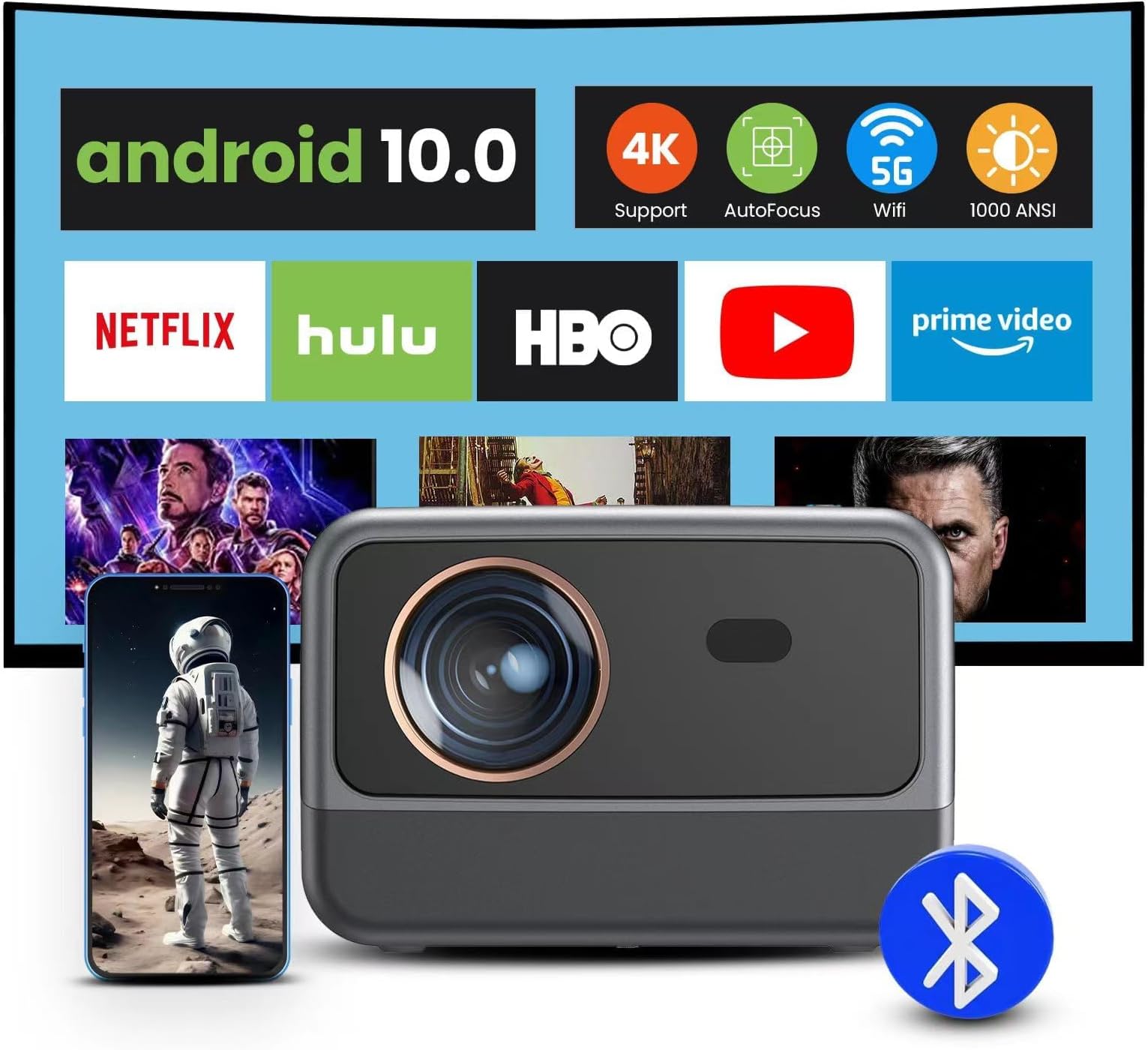 [Android 10.0/Auto focus] 4K Projector with 5G WiFi and BT5.3, 1000ANSI Movie Projector, Native 1080P Full HD Video Projector, Auto Keystone Correction home theater H10