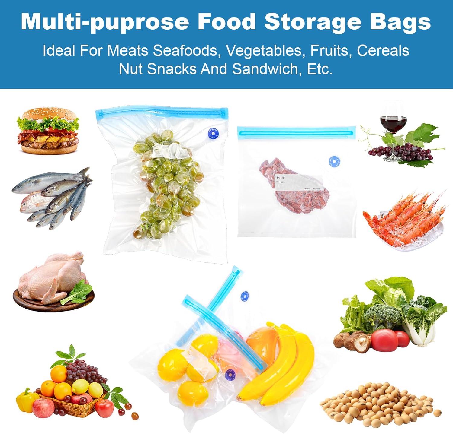 60 Pack Reusable Sous Vide Bags Vacuum Sealer for Food with 10 Sealing Clips, 4 Sizes BPA-Free Vacuum Zipper Storage Freezer Bags with Air Valve, Double Layers Leak Proof Design for Food Storage - Image 7