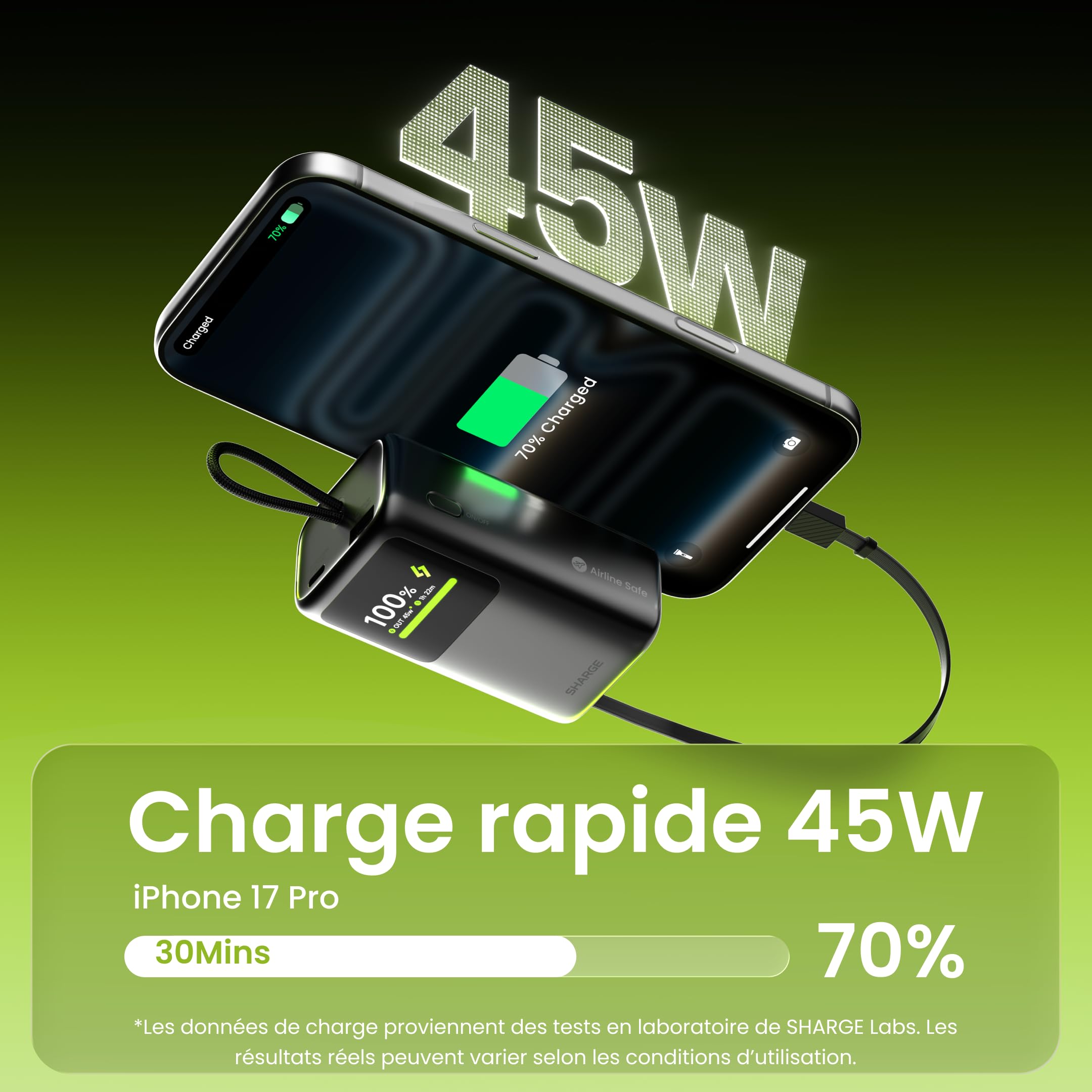 sharge 45W Fast Charging Power Bank, Batterie Externe 10000mAh avec câble USB-C rétractable intégré, écran Intelligent et Charge Rapide 45W pour iPhone 17/16, iPad et MacBook Air