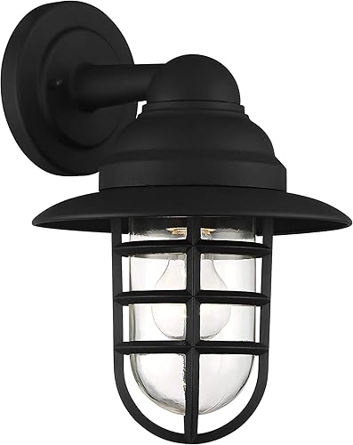 Miniatura 6 de John Timberland Marlowe - Lámpara de pared rústica industrial para exteriores, jaula negra con capucha de 13 pulgadas, vidrio transparente para