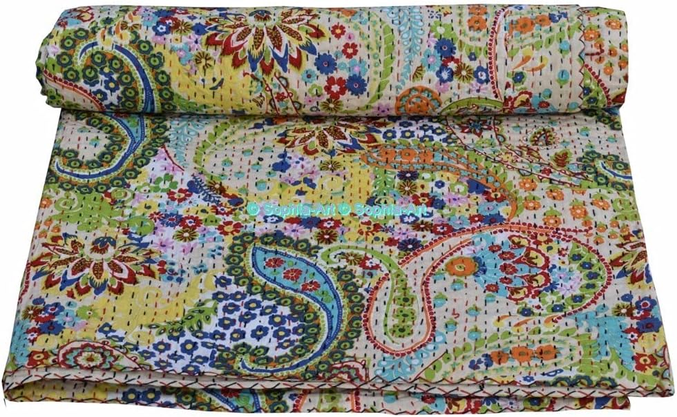 Sophia-Art Paisley Print Kantha Sofa Bedspread Indian Bed Bohemian Bedding Handmade Kantha Blanket Cover Kantha Cotton Quilt (Beige2, Twin 60"x90")