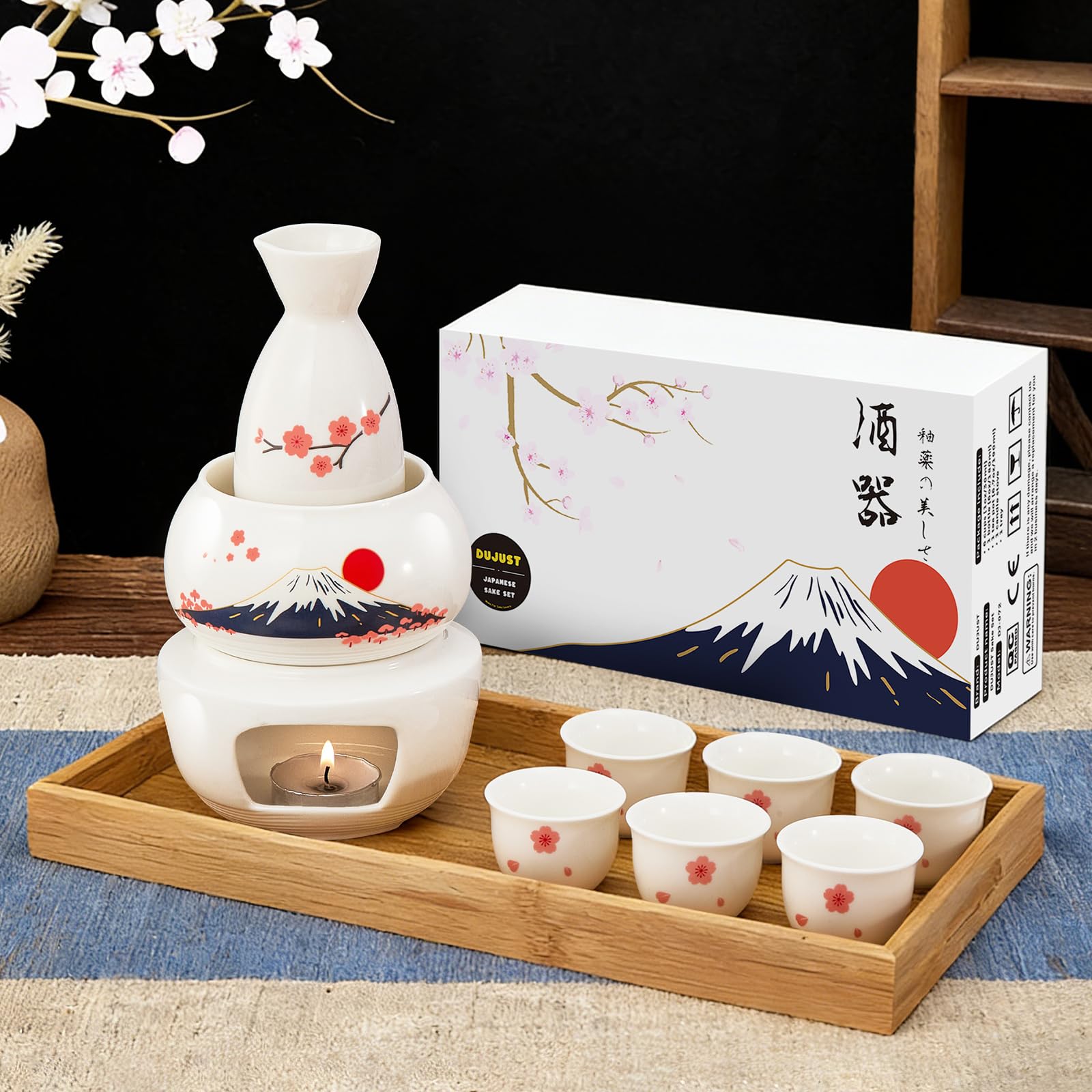 DUJUST Service à saké japonais 10 pcs avec chauffeur pour 6 personnes, design Sakura&Fuji en porcelaine, 6 tasses,1 carafe,1 chauffeur,1 brûleur à bougie,1 plateau,1 boîte, carafe à saké chaud - Blanc