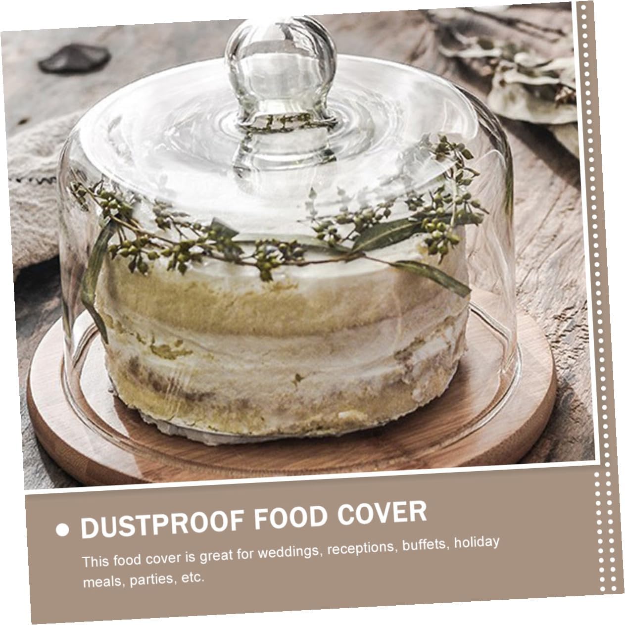 Kichvoe Glass Cake Cover with Wooden Tray, Large Dessert Food Display Dome, Dustproof Fresh-keeping Cover for Household Cakes and Pastries